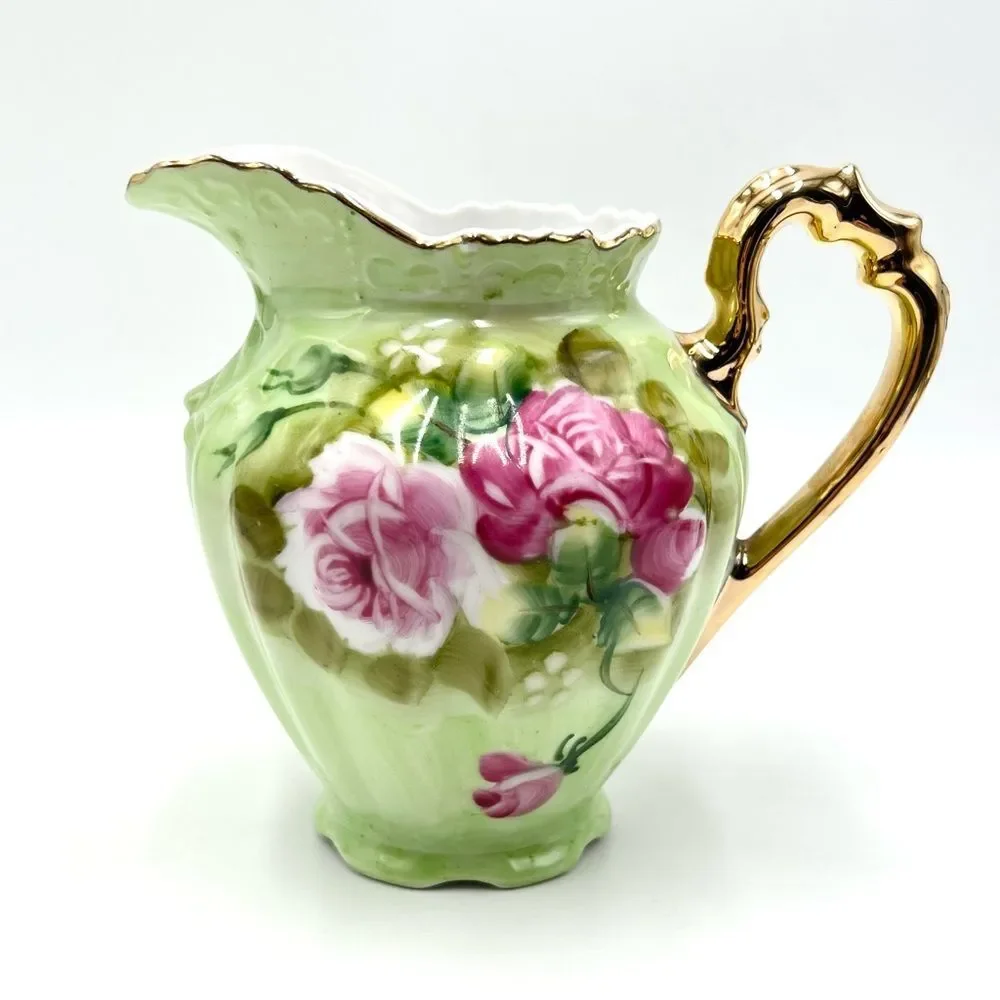 Vintage Lefton Green Heritage Roses Gold Trim Small Pitcher 4172‎ Hand Painted